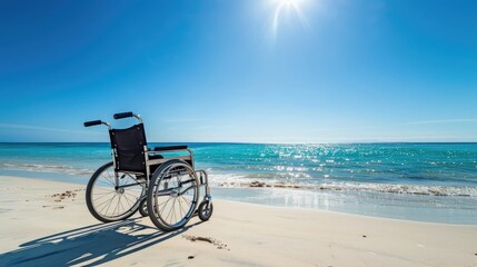 Fototapeta premium Empty Wheelchair on Sun-Drenched Beach Inspiring Possibilities and Limitless Freedom