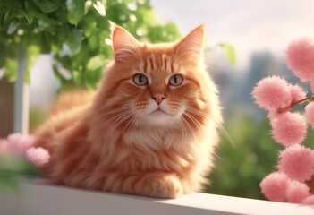 red enjoys green bubbles cute render magic lies orange nature frame balcony days olated kawaii spring 3d air backdrop colorful bushes leaves cat fly fluffy white garden floating pink