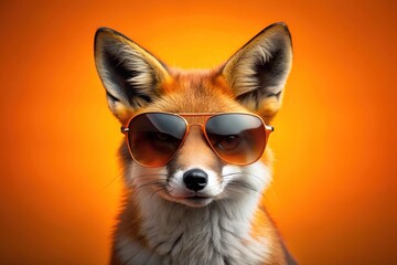 Obraz premium Cool fox with trendy shades posing confidently on a vibrant orange background, exuding style and charisma with its sleek fur and relaxed demeanor.