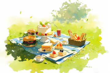 Obraz premium Vibrant Outdoor Picnic with Sandwiches, Cake, and Fresh Fruits on a Sunny Day