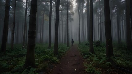 Fototapeta premium Drone footage of woman in Black raincoat in wet forest 