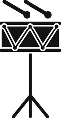 Naklejka premium Black and white icon of a snare drum standing on a tripod with drumsticks lying on top