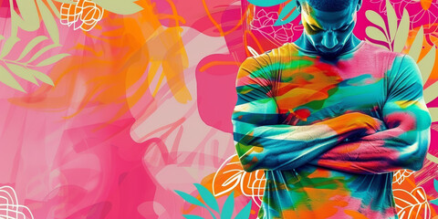 Vibrant Abstract Art with Pensive Man in Colorful Background