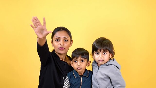 East Indian Woman and Children Against Yellow Background Generative AI