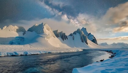 Towering snow-capped mountains pierce the clouds while a swift river carves its way through the rocky gorge below.
