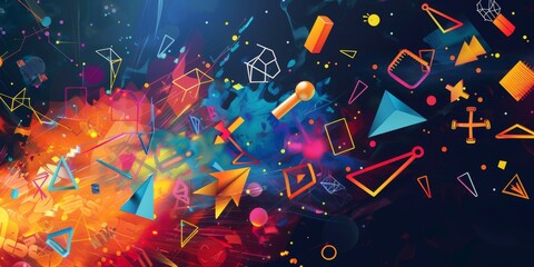 Vibrant Back to School Abstract Illustration Wallpaper with Colorful Geometric Shapes and Symbols Representing Various Subjects. Flat Design, Creative Imagination, and Bold Aesthetic.