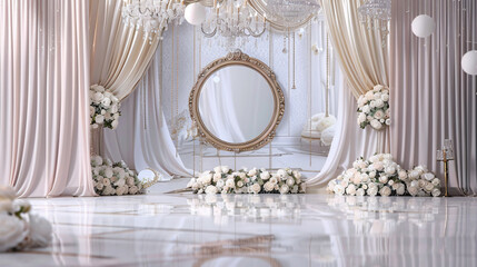 Elegant wedding reception hall decorated with white flowers and a gold mirror