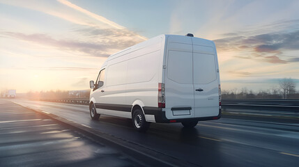 Obraz premium Modern transportation service with a white van on the road, Delivery, Logistics. 