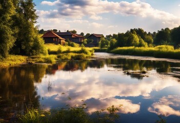 Obraz premium painting background rural illustration nature summer beautiful village brush landscape river oil old paintings