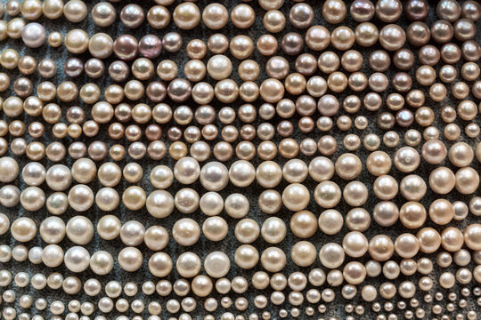 lots of pearl necklaces on the table in the store. necklace jumble