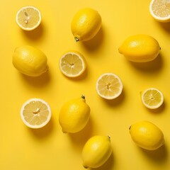 Fresh lemons and lemon slices arranged on a yellow background.  A vibrant and refreshing image perfect for food and drink related projects.