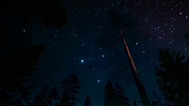 Video animation of night sky filled with stars, showcasing a view through silhouetted pine trees