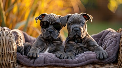 Obraz premium Two cute gray Cane Corso puppies in sunglasses on a purple blanket in a chair in the garden, looking cool and relaxed