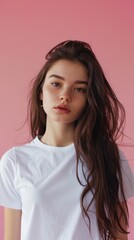 Fototapeta premium Confident and Beautiful Cute Girl Wearing Bella Canvas White Shirt as Kid Model on Pink Background. Minimalist and Fashionable T-Shirt Template for Print Presentation. AI-Generated for Commercial Adve