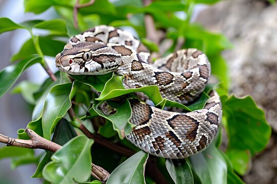 Photo of a coiled Russell's Viper (Daboia russelii) on a branch with blurred green leaves background.