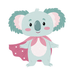 Cute koala superhero in pink cape in cartoon style.Children's cute illustration.Scandi character for t shirt print. Childish colored flat vector illustration isolated on white background