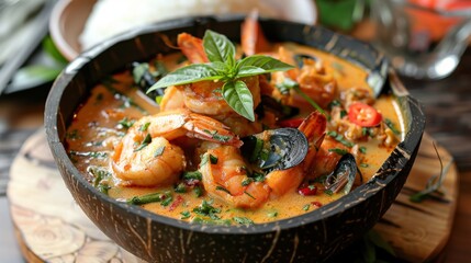 Macro shot of Green Curry with seafood, focusing on a medley of seafood including shrimp, squid, and mussels simmered in a creamy green curry sauce with bamboo shoots and Thai basil leaves, served in