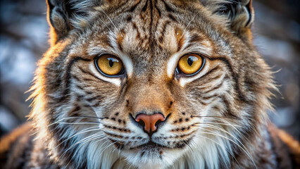 Obraz premium Vibrant close-up portrait of a lynx's mesmerizing gaze, intense golden eyes with piercing stare, surrounded by soft, thick fur and whiskers in a rugged wilderness setting.