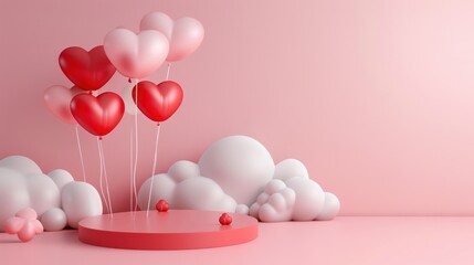 Heart-Shaped Balloons and Clouds on a Pink Background