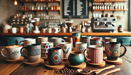 Fototapeta premium Colorful Coffee Mugs with Coffee Beans on Wooden Table in Coffee Shop