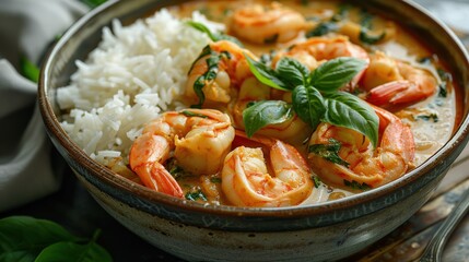 Fototapeta premium Detailed shot of Green Curry with shrimp, highlighting plump shrimp, bamboo shoots, and sweet Thai basil leaves in a rich and aromatic coconut milk-based curry sauce, served in an intricately