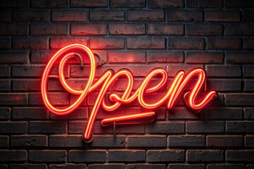 Vibrant red open neon sign with elegant cursive script and subtle glow, mounted on a dark brick wall, exuding warmth and sophistication in a nighttime atmosphere.