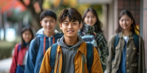 asian teen Students walking to school together, looking to camera. ai generated