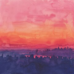 Obraz premium Vibrant watercolor cityscape with a breathtaking sunset, showcasing vivid pink and orange skies over a silhouetted skyline.