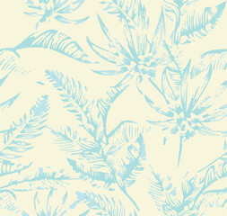 Seamless Digita l print Pattern with Flowers Watercolor Stock Illustration, Tropical leafs and birds, floral fabric, vintage flower and leafs print