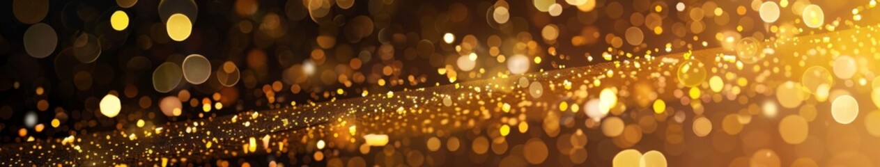 Obraz premium Golden Christmas particles and sprinkles, confetti for holiday celebrations such as Christmas or New Year. Shining golden light. Wallpaper background for advertising or gift wrapping and web design