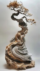 Intricately sculpted wooden bonsai artwork featuring a complex, twisting design with detailed branches and roots.