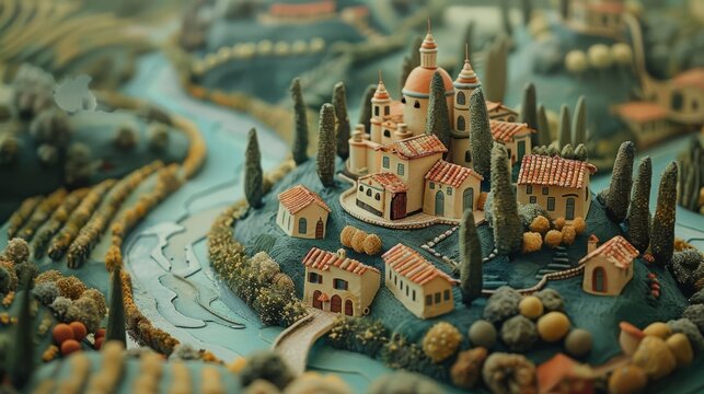 Miniature Mediterranean village scene with detailed buildings and lush landscapes beside a serene river in artistic representation.