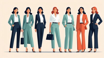 Group of different elegant casual business women standing isolated vector illustration.