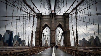 Fototapeta premium a mesmerizing photograph of the Brooklyn Bridge's intricate metal frame, capturing only the lattice-like structure in exquisite detail, set against a dull, overcast sky Generative AI