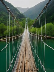Obraz premium A suspension bridge between the mountains is picturesque prints on the place bright green color if nature wet with dew drops Generative AI