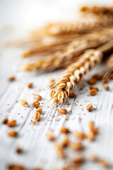 pile of wheat grains on the table against a white background. AI generative.