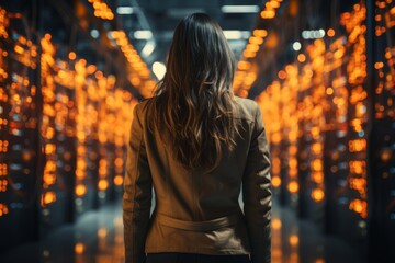 Female it professional assessing server performance in secure data center corridor