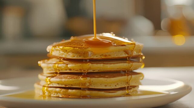 Drips of avocado oil decorating a stack of fluffy pancakes for a healthy breakfast.
