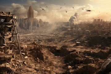 Post-apocalyptic city aircraft vehicle transportation.