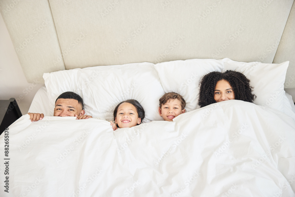 Sticker Family, portrait and hide in home bed with smile for wellness, relationship and trust in morning. Parents, face and children in bedroom for happy, bonding and relax together with support on weekend