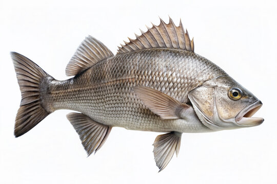 Freshly caught black drum fish with sleek gray scales and vibrant fins lies isolated on a clean white background, highlighting its striking aquatic features.