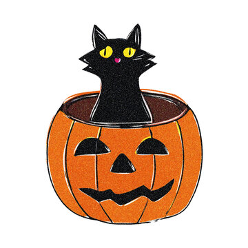 recommend clip art: ハロウィンのジャック・オ・ランタンから顔を出す黒猫のイラスト　白背景の切り抜き