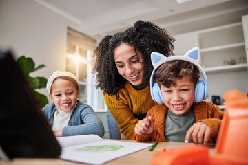 Homework, mother and children with smile, education and happiness with time together, relax and...