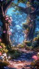 A whimsical path winds through a forest filled with vibrant foliage and delicate blooms