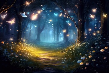 Fototapeta premium Night outdoors fantasy firefly.