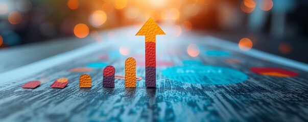 Business growth and financial success concept with upward arrow on rising graph. Stocks, investment, and economic development progress.