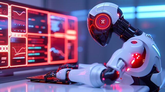 Advanced technology scene: Robots and humans working together under vivid lights. Illustration, Image, , Minimalism,