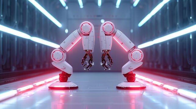 Advanced technology scene: Robots and humans working together under vivid lights. Illustration, Image, , Minimalism,