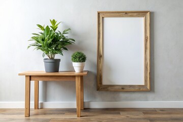 A rustic wooden frame adorns a crisp white wall, offset by a lush green potted plant sitting on a minimalist side table, exuding calmness.