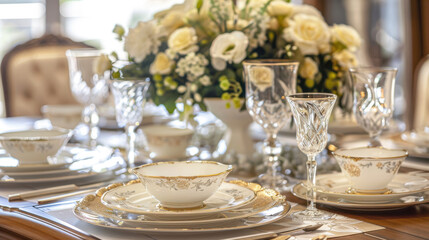 Fototapeta premium A beautifully set dining table with elegant dinnerware, crystal glasses, and a centerpiece of fresh flowers